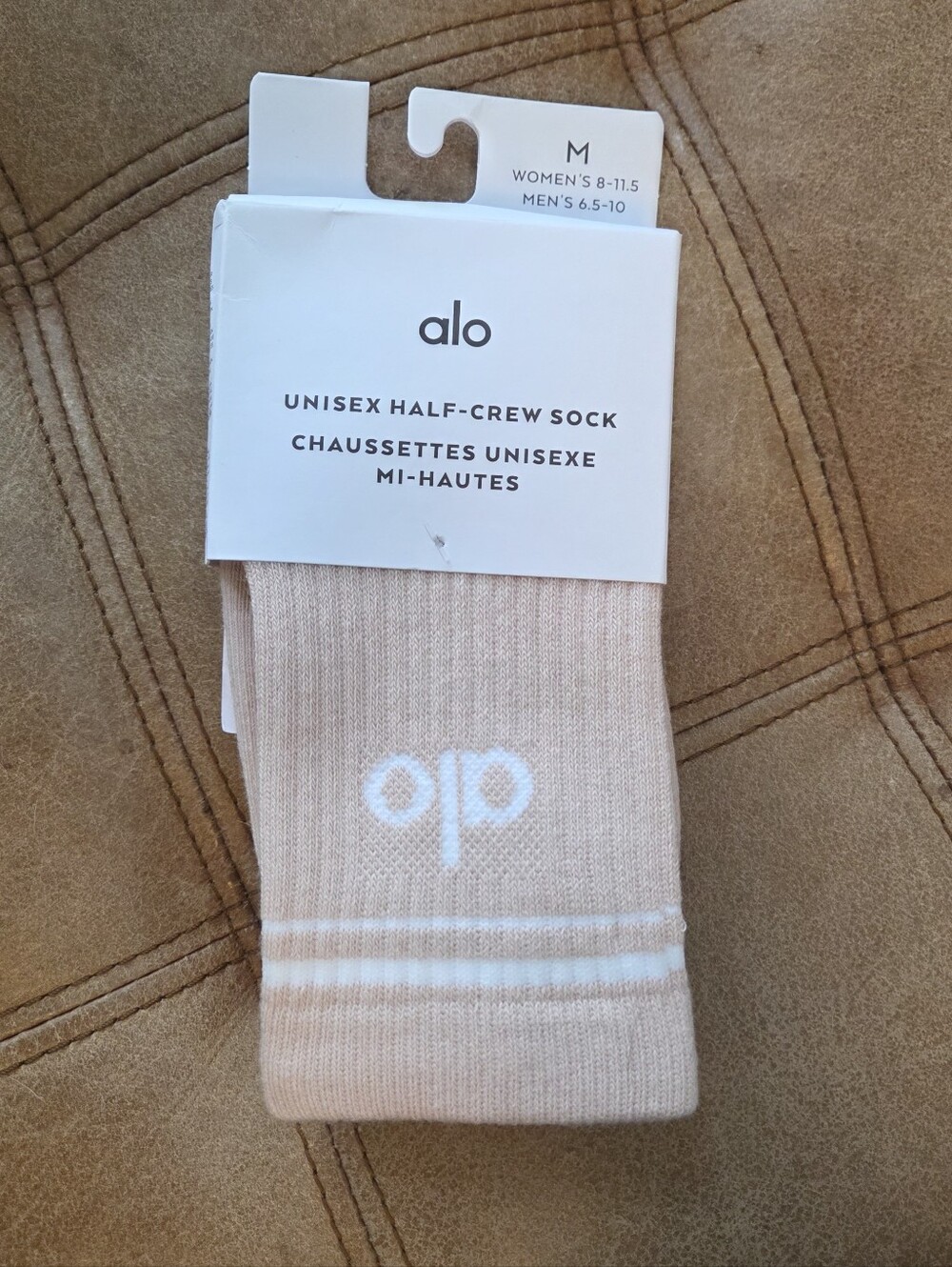 ALO Yoga Unisex Half-Crew Socks in Pink Quartz with White Trim, Medium